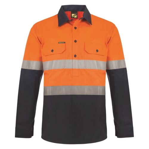 Mens Heavy Duty Half Placket Cotton Drill Shirt Gusset Sleeves CSR Reflective Tape Thumbnail